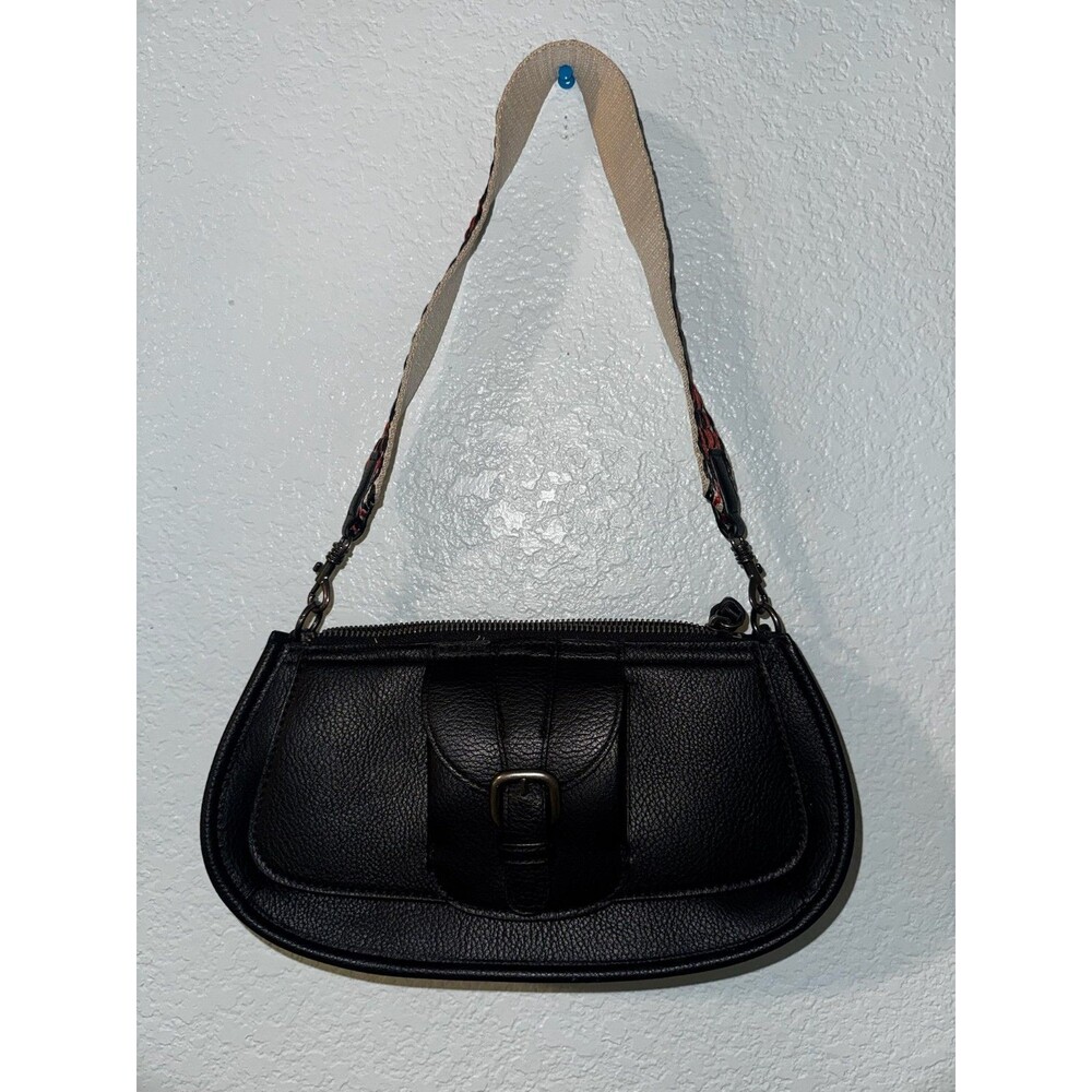 Black Baguette Shoulder Bag Y2K Inspired Embroidered Woven Strap Boho Purse